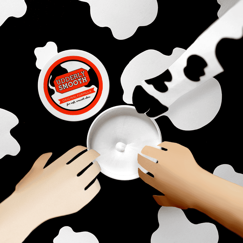 Udderly Smooth Original Body Cream with illustrated hands and hooves.