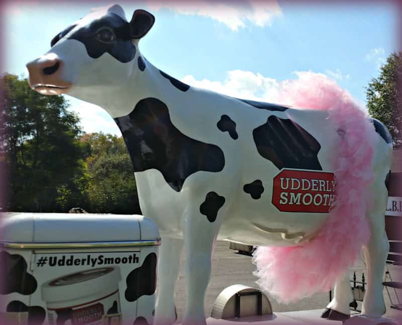 Miss Moo, the 12-foot Udderly Smooth cow, wearing a pink tutu.